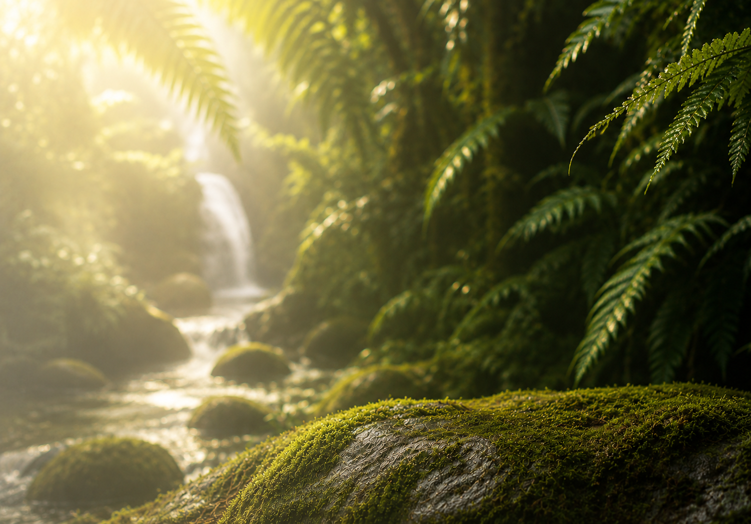 Sunlit Jamaican rainforest waterfall with mossy stones and ferns