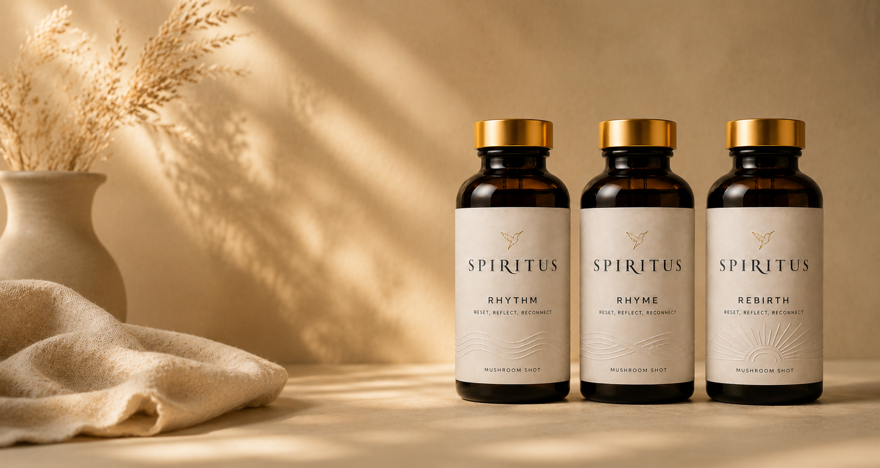 Three Spiritus bottles on stone with a Jamaican coastline behind